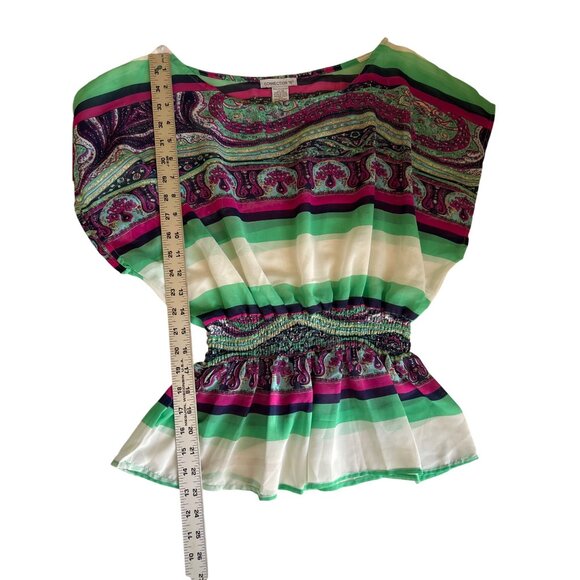 Womens Connection 18 Paisley Print Top M Multicolor Smocked Waist Short Sleeve - Picture 7 of 7